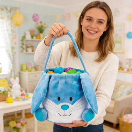 Homekingdee Cute Easter Basket with Rabbit Ears – Blue Pink Cloth Decoration Storage Basket for Easter Holiday Home Party