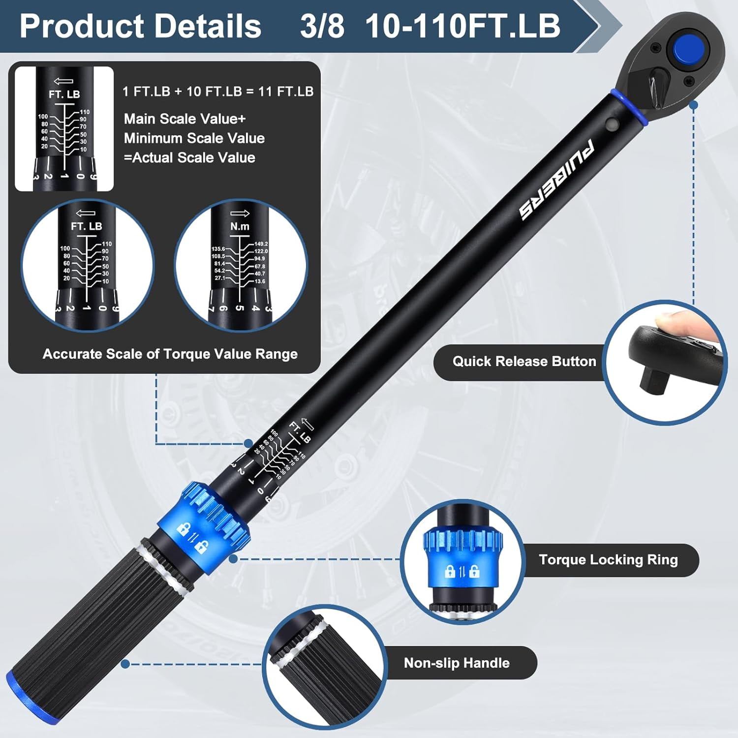3/8 inch Drive Click Torque Wrench, Torque Wrench 3/8 Torquimetro 10-110 FT.LB/13.6-149.2 Nm, Dual-Direction Adjustable 72 Tooth Click Car Torque Wrench for Bike Moto and Car Repair