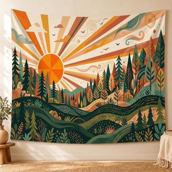 HUANGLE Tapestry Wall Hanging, Boho Abstract Landscape Forest Sunrise Tapestry For Bedroom, High-Quality Polyester Large Wall Tapestry For Living Room Bedroom Office, 60x40Inch