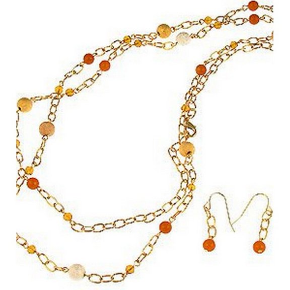 Gold Chain Golden Beaded with Coral Color Pearl Like Beaded Necklace & Earring Set - NE-CQN2254G