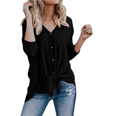 - Womens Waffle Knit Tunic Blouse Tie Knot Henley Tops Loose Fitting Bat Wing Plain Shirts