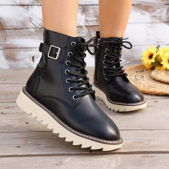 Willtoo Women's Lace Up Combat Ankle Boots with Side Zipper Fashion Buckle Straps Comfortable Round Toe Low Heel Booties Non-slip Lug Sole Walking Boots