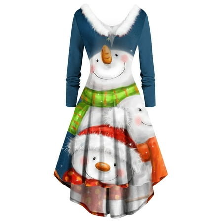

Honeeladyy Women Long Sleeve Christmas Printed Furry V-Neck Draw Back Swing Party Dress Sales