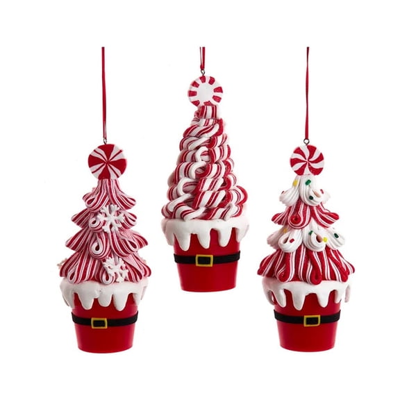 Kurt Adler Candy Swirl Tree In Santa Bucket Christmas Ornaments, 3-Piece Set