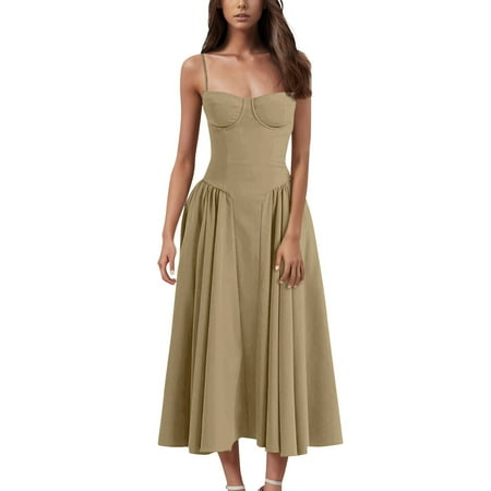 Qwertyu Womens Summer Corset Dress 2025 Square Neck Solid Bustier Dress Spaghetti Straps Bodycon Dress Sleeveless Corset Fit Midi Dress Coffee L