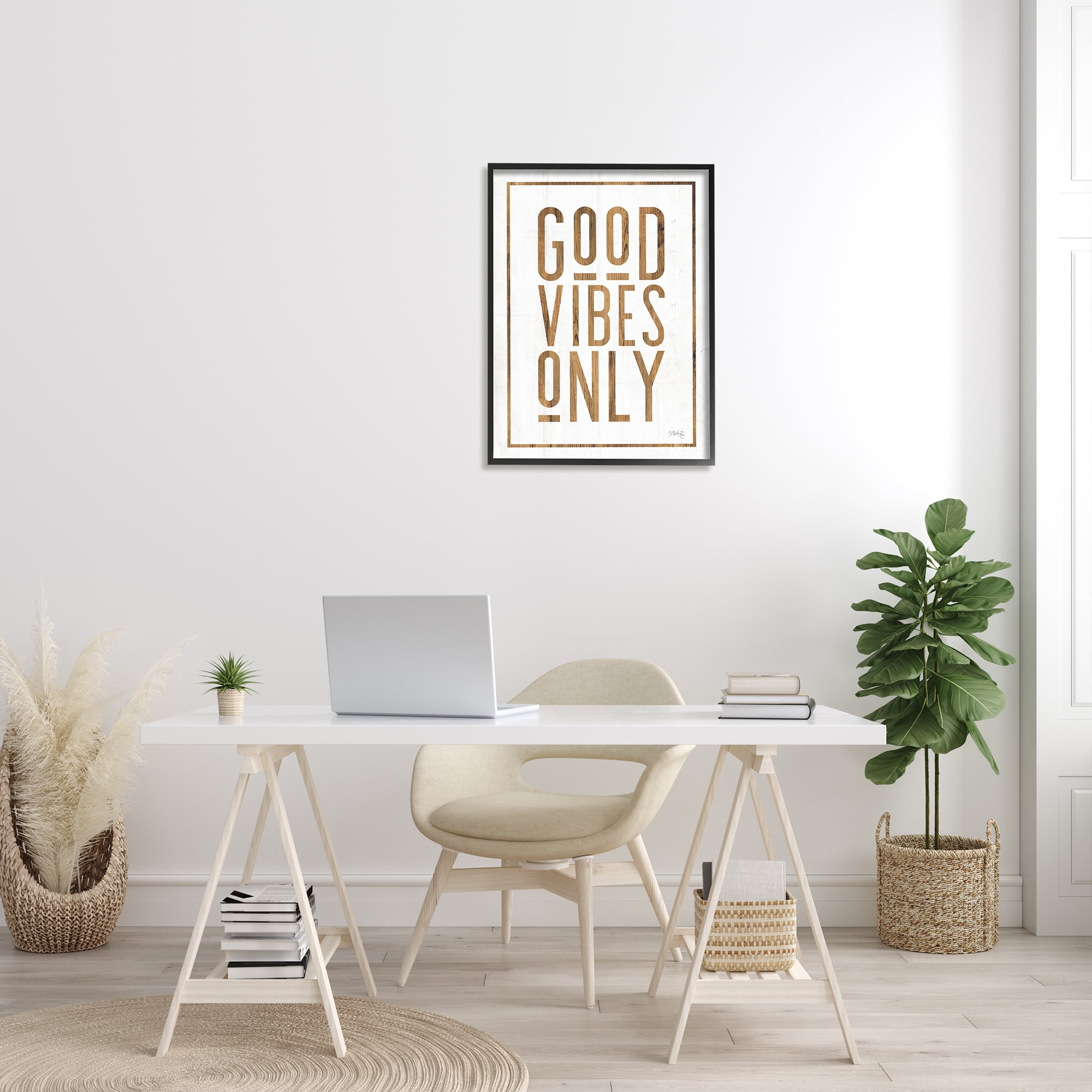 The Stupell Home Decor Good Vibes Only Rustic White and Exposed Wood Look Sign