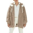 thumbnail image 6 of Oversized Winter Jacket for Women Fuzzy Fleece Zip up Coats Hooded Drawstring Warm Outerwear with Pockets New Light Fall Jacket Women Khaki M, 6 of 7