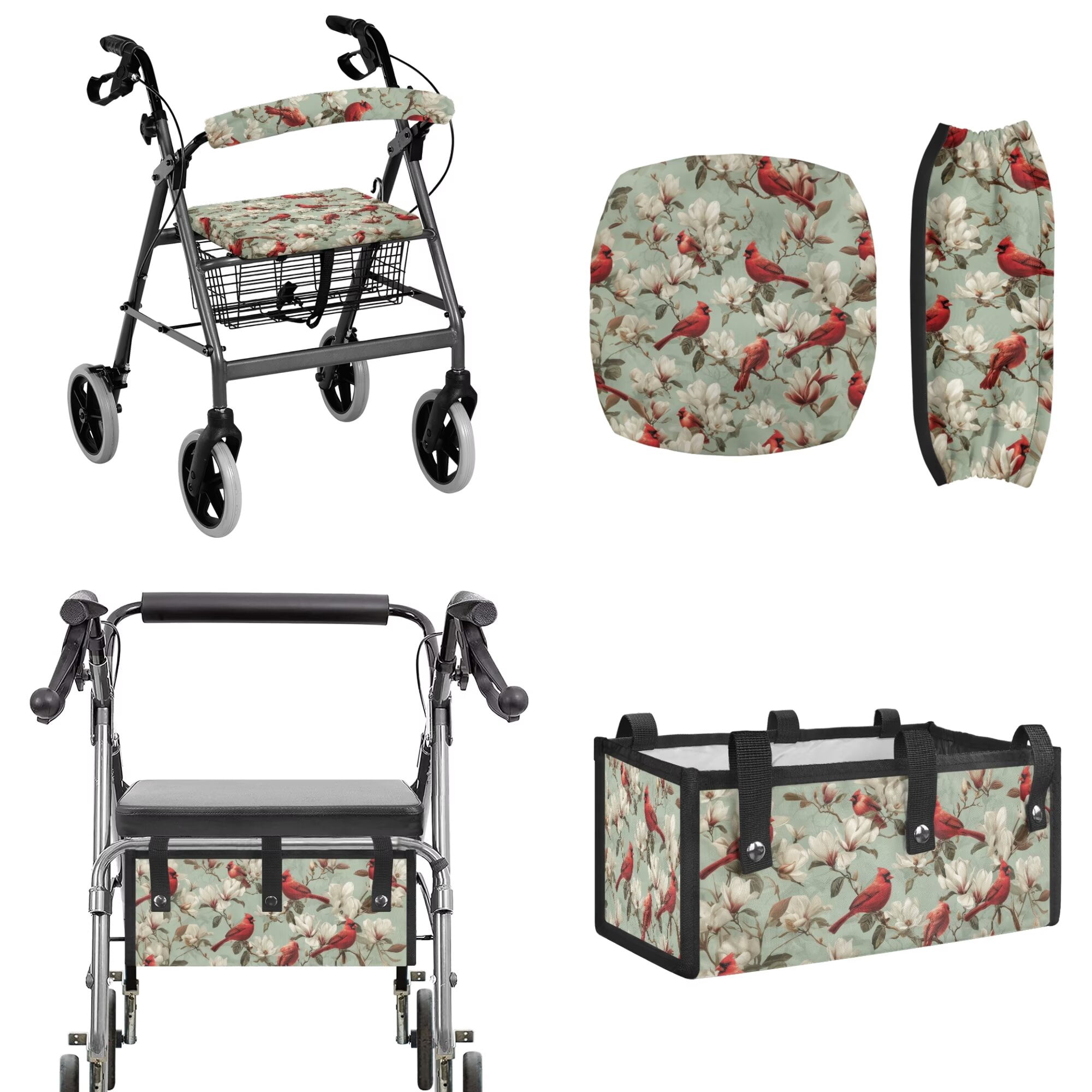 FOR U DESIGNS Cardinal Flower Print Rollator Accessories Set Under Seat Walker Storage Bag Rollator Seat Cushion and Backrest Cover Set , Walker Accessories for Seniors