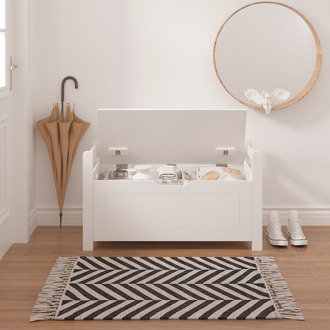 Kids Large Toy Chest for Girls Boys, 2 In 1 Wooden Toy Storage Truck Bench with Flip-Top Lid, 2 Safety Hinges, Toddler Big Toy Box for Playroom & Bedroom, White