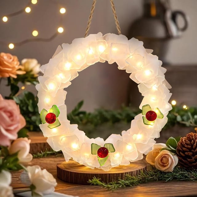 SINKOO White Sea Glass Wreath with LED Lighted - Handmade 9 Inch Beach Wreath, Coastal Style Christmas Decor Wreaths for Home Decor, Door, Window, Kitchen Cabinet, Chair and Wall