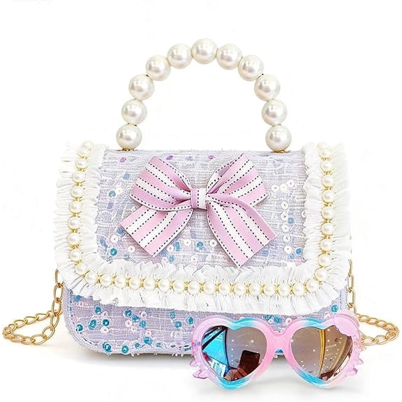 Toddler Purse for Girls With Pearl Bow and Sunglasses Kids Crossbody Bag, Princess Handbag, Birthday Gift(White)