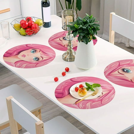 

Round Grid Placemat One Sizex6 Round Placemat PVC Plate Mat，15.4 Inch Non-Slip and Heat Resistant Table Placemat Dining Room Placemat Pink Cartoon Girl