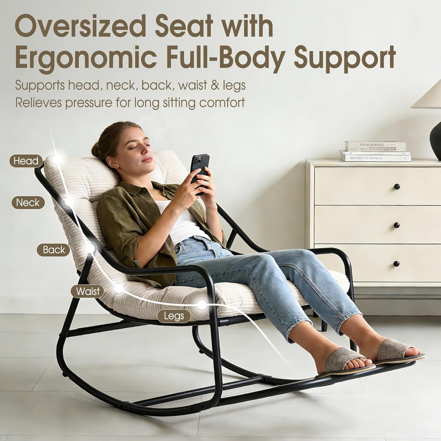 MOONMISS Rocking Chair with Soft Comfy Thick Cushion,Indoor/Outdoor with Footrest,Beige