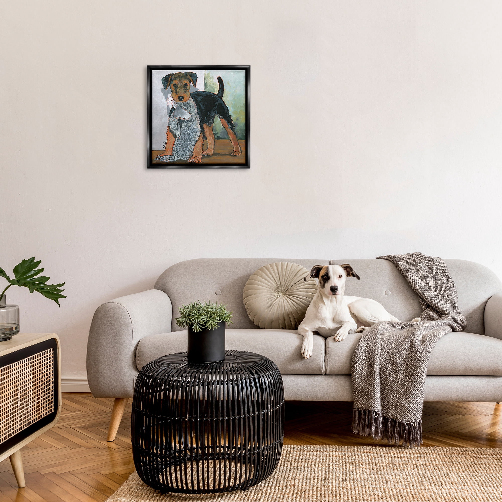 Stupell Industries Terrier Dog with Toy Animals & Insects Painting Black Floater Framed Canvas Art Print Wall Art, 25 x 25