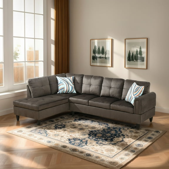 Hommoo Flannel L Shaped Sectional Couch and Sofa Set, Modern Living Room Furniture Set, Left Side, Light Brown