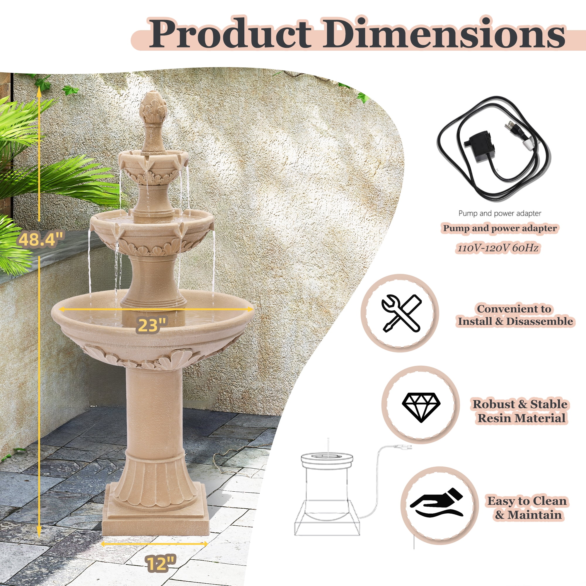 Haverchair Outdoor Pineapple Italian Water Fountain - 48.4" H Floor Bubbler Garden Waterfalls Fountain, 3 Tiered Cascading Freestanding Garden Fountain for Indoor, Yard, Lawn and Garden Décor