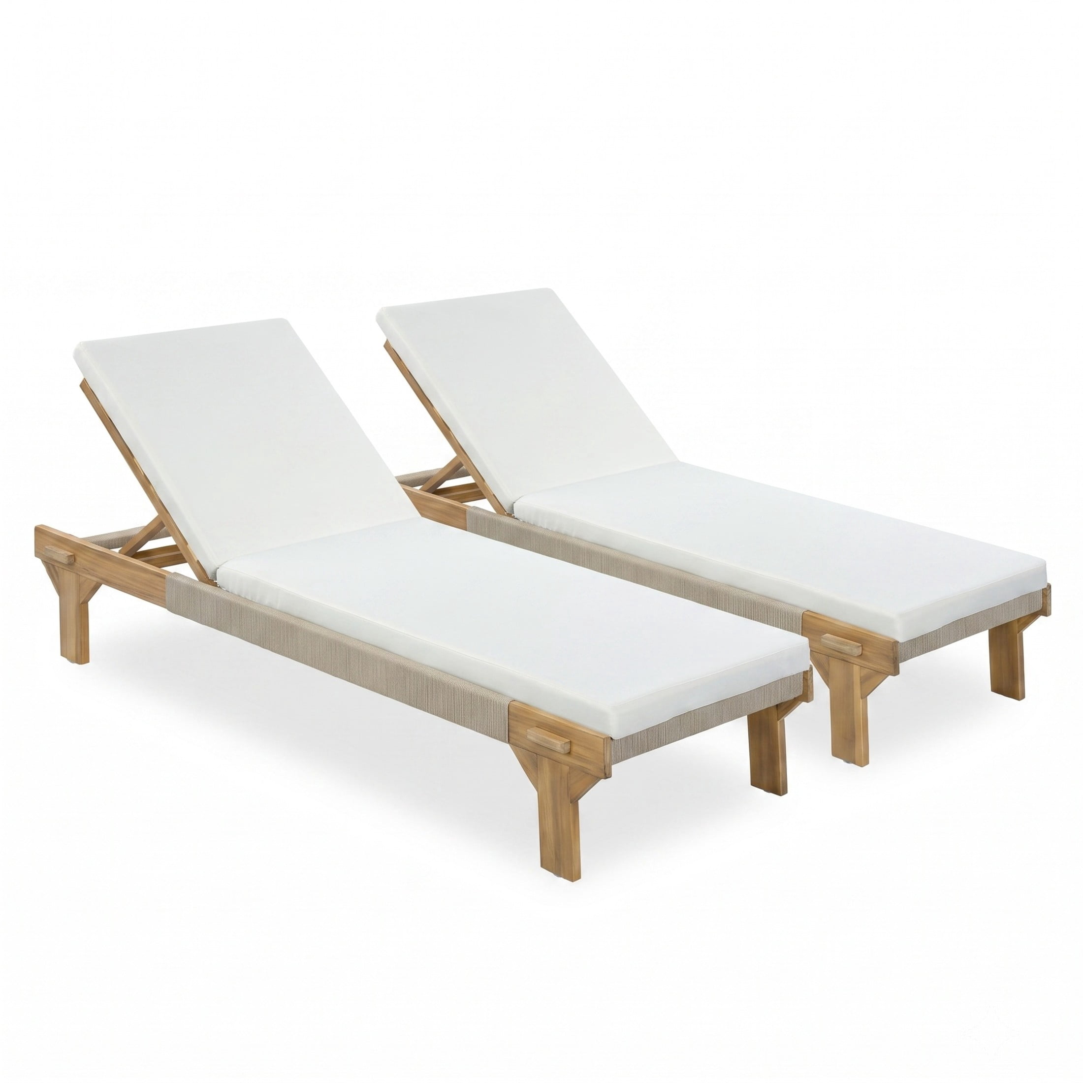 Christopher Knight Home Outdoor Acacia Wood Chaise Lounge with Rope Accents and Cushion, Light Teak+Cream, Set of 2