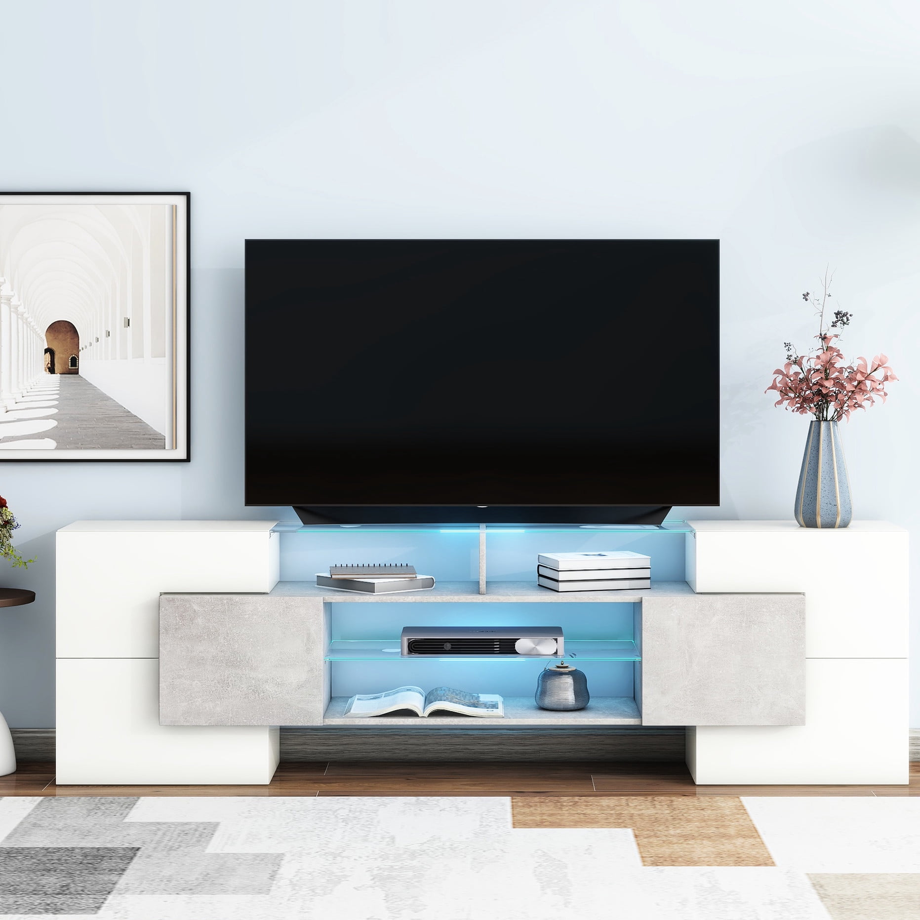 TV stand made of durable particle board with LED lights for storing multimedia in home