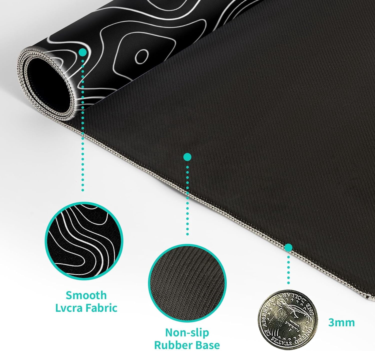 Topographic Contour Gaming Mouse Pad Black Large Mouse Pad for Keyboard and Mousepad Desk Mat with 3mm Non-Slip Base and Stitched Edge for Gaming and Office Computer Mat Protector Mat 27.6x11.8 Inch