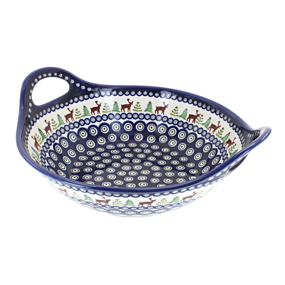 Blue Rose Polish Pottery Reindeer Pine Deep Bowl with Handles