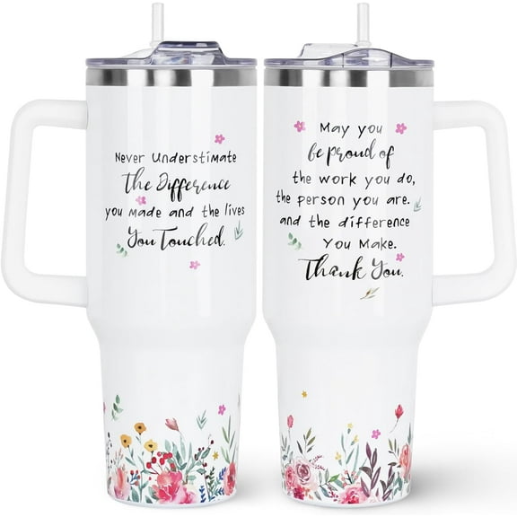 Thank You Gifts for Women 40oz Tumbler with Handle and Straw Lid|Retirement Gifts Vacuum Insulated Leak Proof Administrative Professional Day Gifts|Appreciation Gifts Stainless Steel|Coworker Floral
