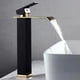 thumbnail image 2 of Grifo mezclador de baño negro y dorado de latón de alta calidad, grifo de lavabo alto de acero inoxidable en cascada, 2 of 4
