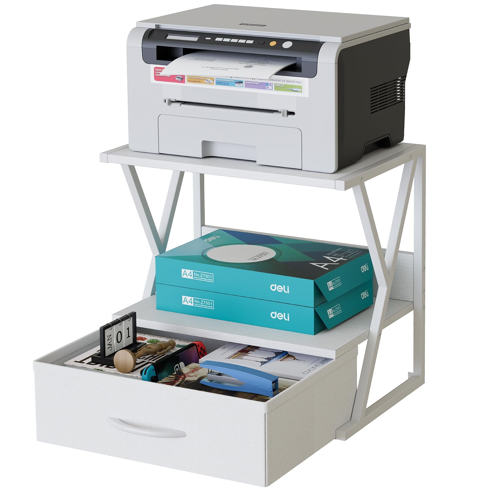 Printer Stand for Desk with Storage Drawer, 2 Tier Desktop Or Under Desk Shelf, Multi-Purpose Desk Organizer for Home Office, fit Fax Machine/3D Printer/Scanner, White