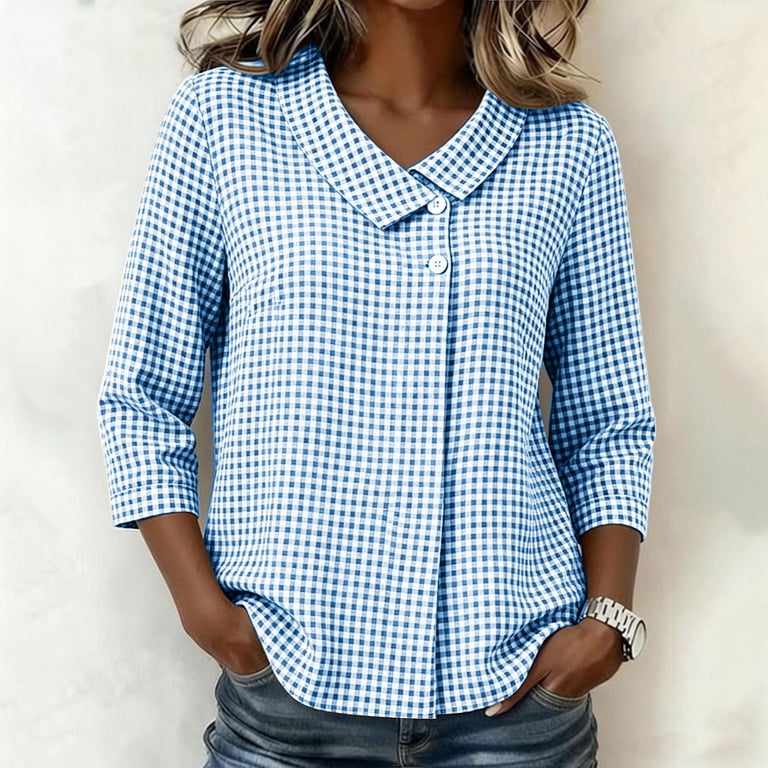 Enjoytime Ladies Tops and Blouses 3/4 Sleeve Collared V-Neck Button Down Blouses Business Casual Plus Size Womens Clothing