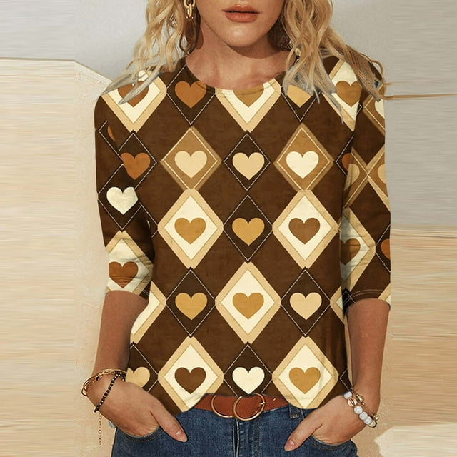 Xuyuer Valentines Day Lightweight Heart Pattern Tunic Spring Summer Shirts T-Shirts Graphic Tee Tops Womens Casual 3/4 Sleeve Shirts Dressy Round Neck Tops Fashion