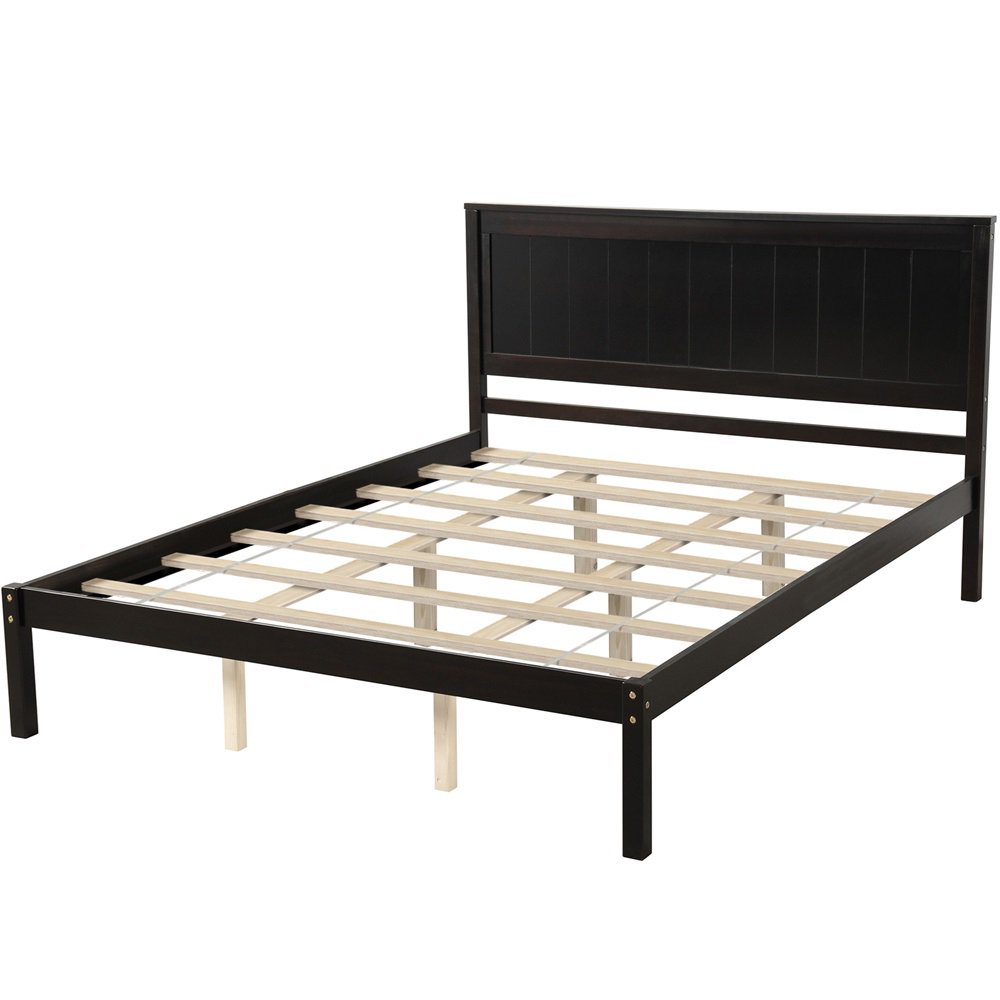 Espresso Queen Bed Frame, Modern Wood Platform Bed Frame with Headboard, Heavy Duty Queen Bed