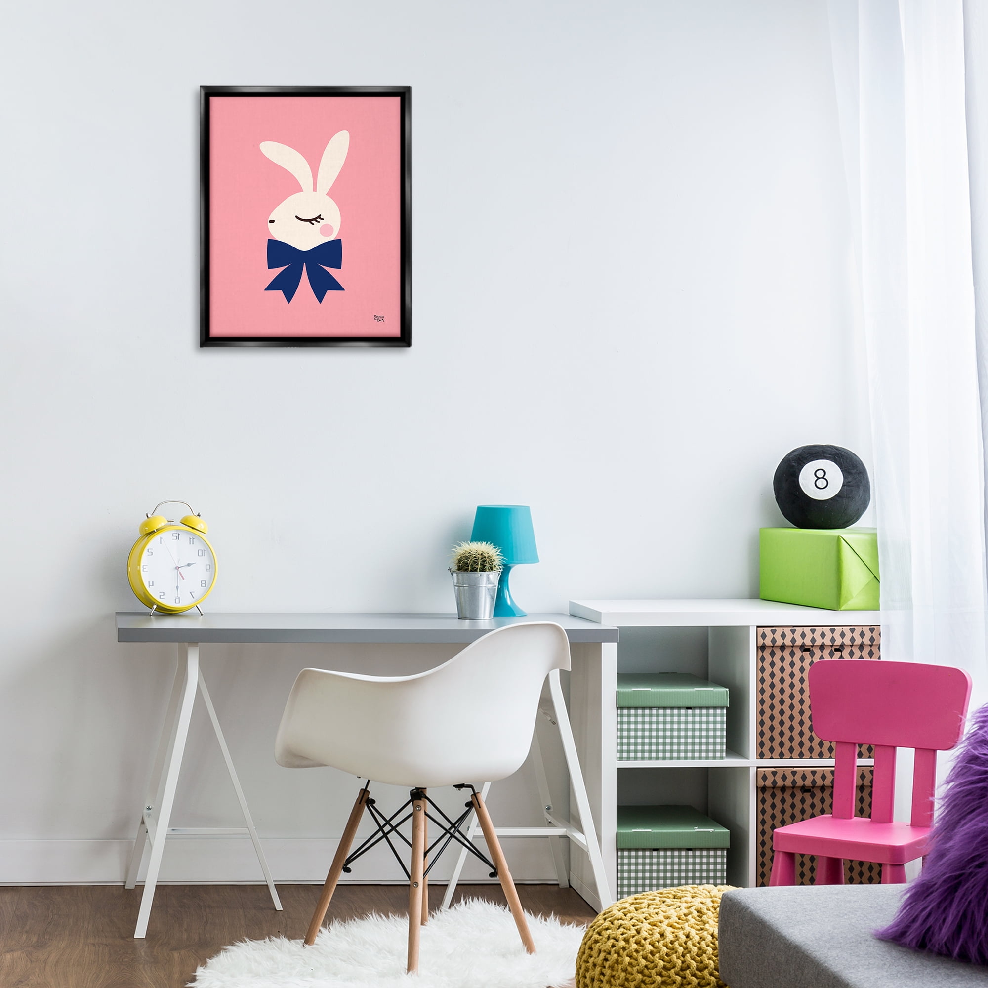 Stupell Industries Rabbit with Ribbon on Pink Animals Painting Black Floater Framed Canvas Art Print Wall Art, 17 x 21