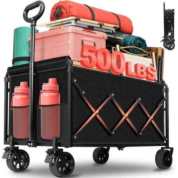 Collapsible Wagon Cart Foldable - Extra Large 500 lbs Capacity Portable Folding Beach Wagon with Wheels - 34'' Extra Long Heavy Duty Utility Cart for Groceries, Shopping, Camping, Sports - Black