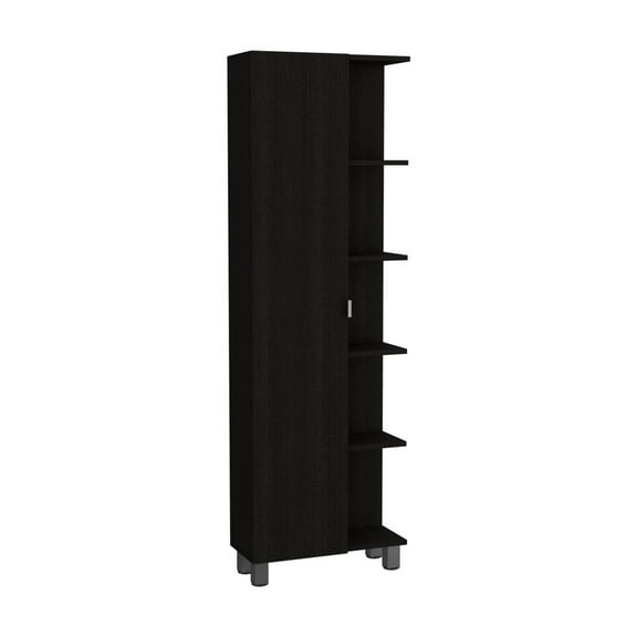 Venus Modern Design Linen Single Door Cabinet with Five External Shelves, Four Interior Shelves - Black