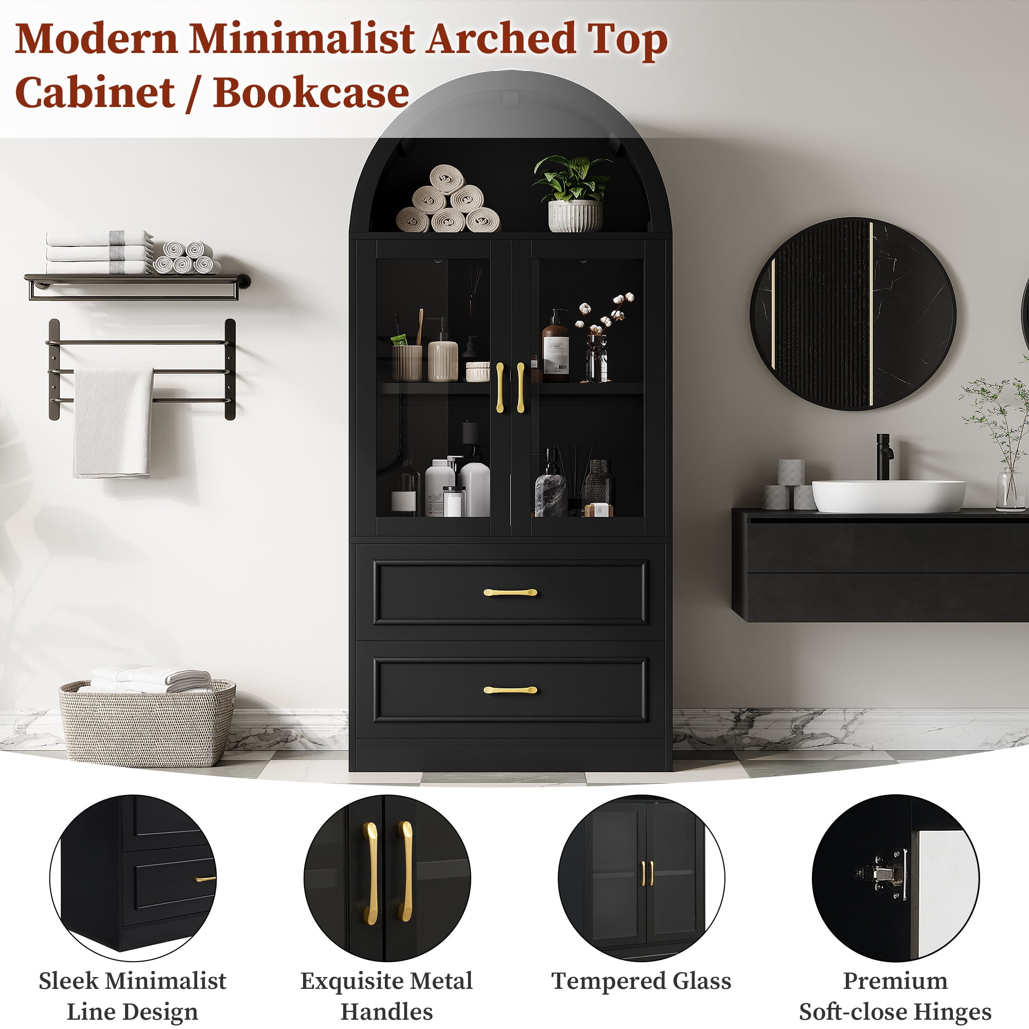 Mintazer Arched Top Tall Display Cabinet, Curved Bookcase with Glass Doors & 2 Large Drawers, Modern Freestanding Storage Hutch for Living Room Dining Room Study, Black