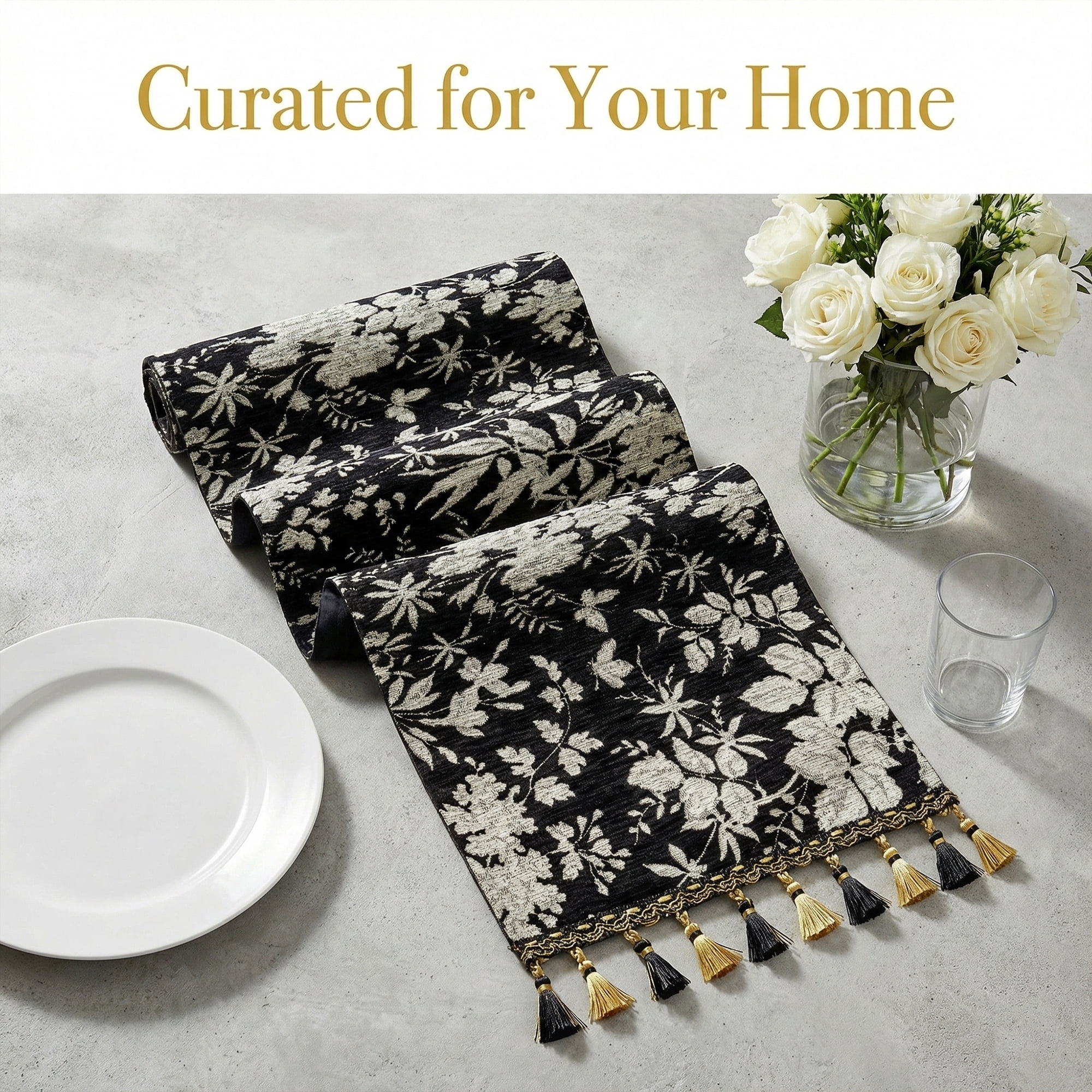 Unique Bargains Floral Table Decoration Kitchen Runner with Tassel Black 13.8x63in