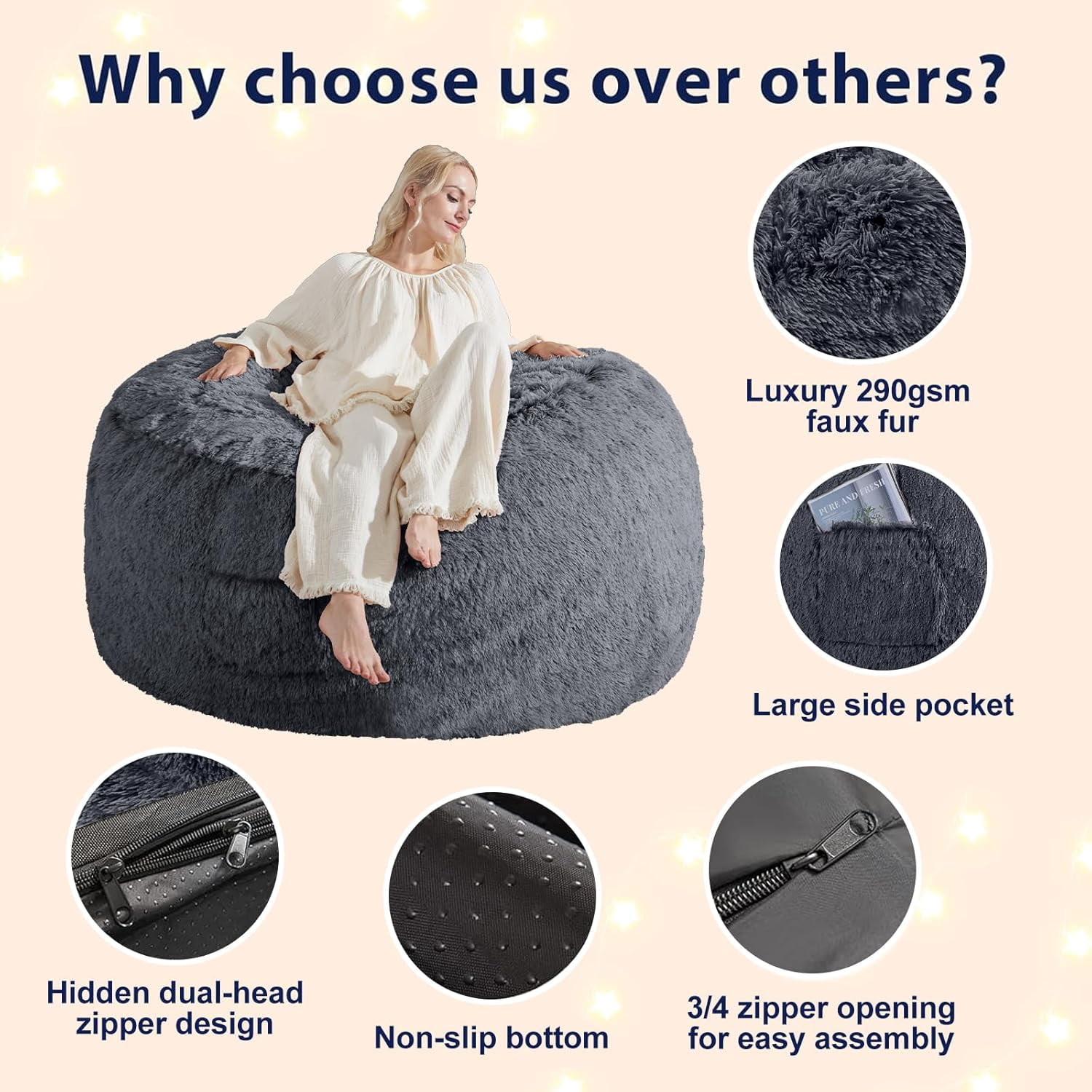 RAINBEAN Large Bean Bag Chair Cover, Plush Bean Bags Chairs Cover Only Without Filler Included, Beanbag Chairs for Adults, Teens, Kids, Dark Gray 5FT