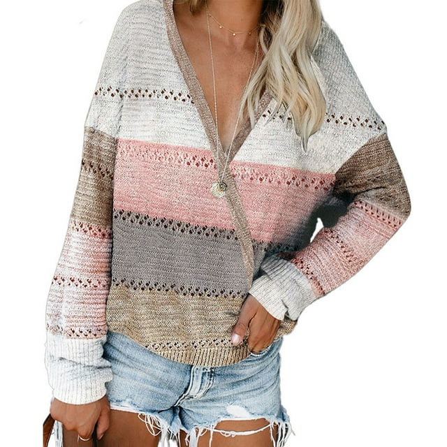 Suéter de punto con bloques de colores, cuello en V, hombros caídos y manga larga para otoño-invierno para mujer, color rosa, talla S