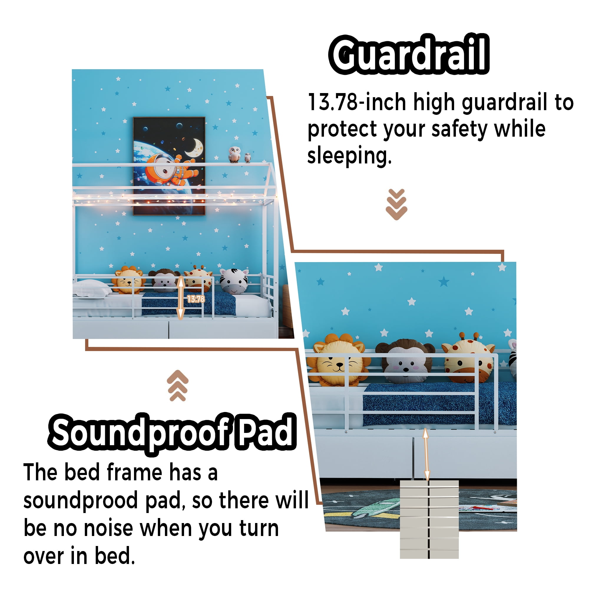 Mintazer Twin Size Metal House Bed with 2 Drawers, Kids Floor Bed with Guardrails for Boys & Girls, White