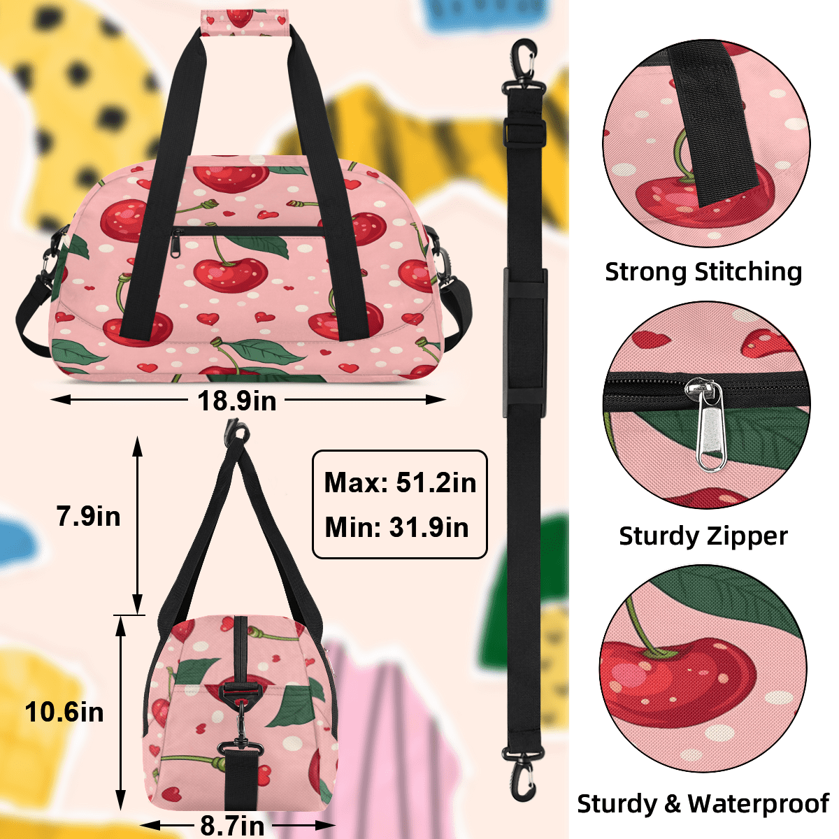 Herdesigns Sports Duffle Bags Travel Duffle Bag Gym Bag Cherry Weekender Travel Bag Waterproof Overnight Bag Carry On Travel Tote Bag Dance Bags