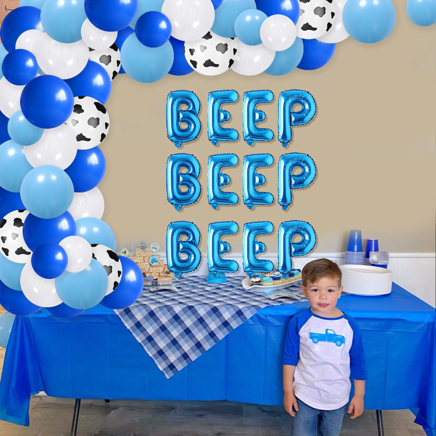 89Pcs Little Blue Truck Farm Birthday Party Decoration, Animal Theme Blue White Latex Balloon Arch Kit with Beep Beep Beep Foil Balloon Banner and Farm Animals Foil Balloon for 1st 2nd 3rd Birthday
