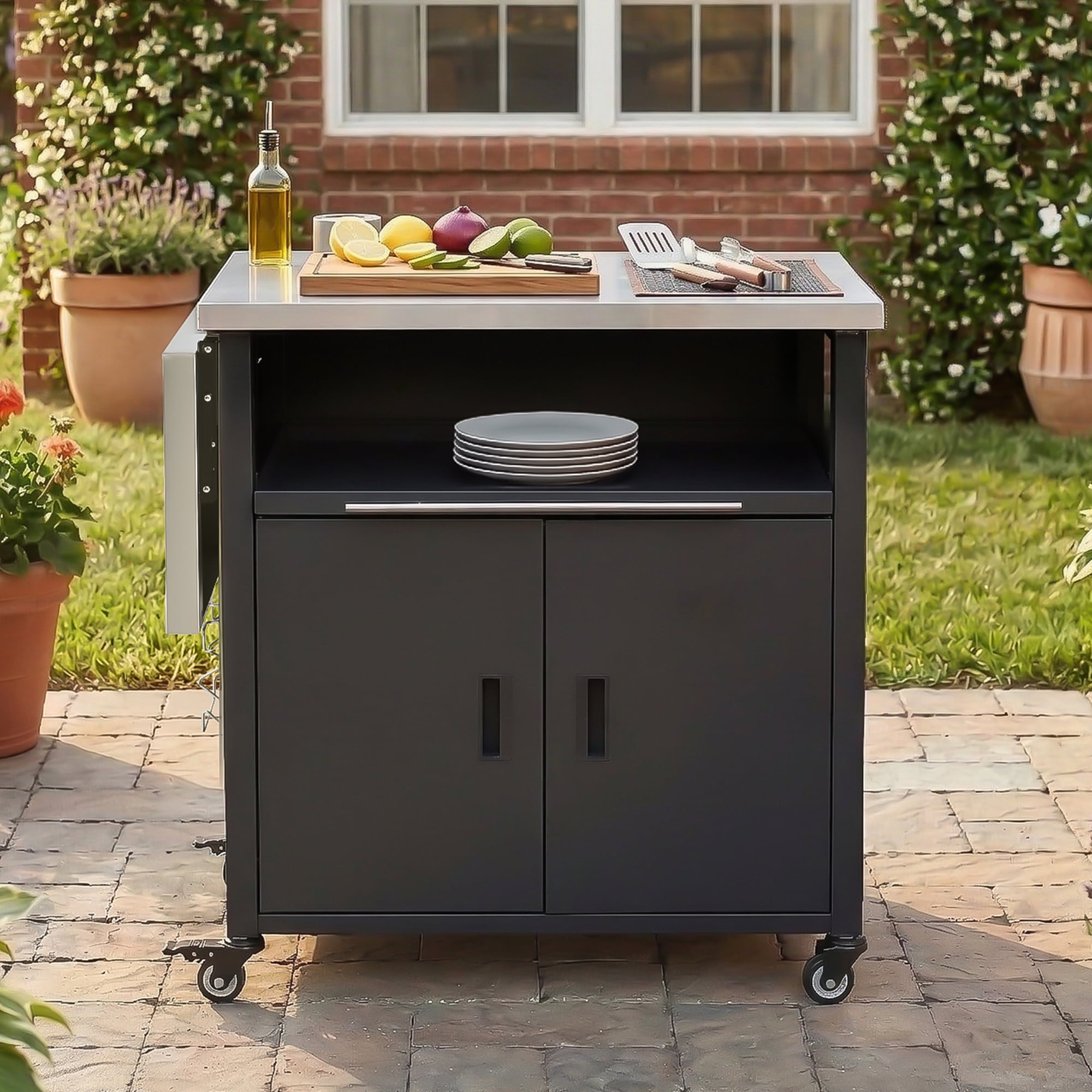 Foldable BBQ Prep Cart, Outdoor Patio Dining Serving Cart with Trash Rack for Backyard, Black