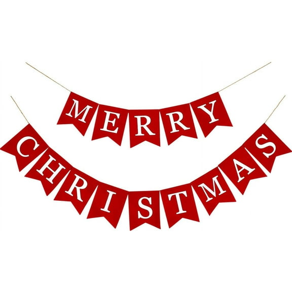 Merry Christmas Canvas Banners, Red Christmas Bunting Garland, Hanging Xmas Decorations for Fireplace Wall (13ft in Total)