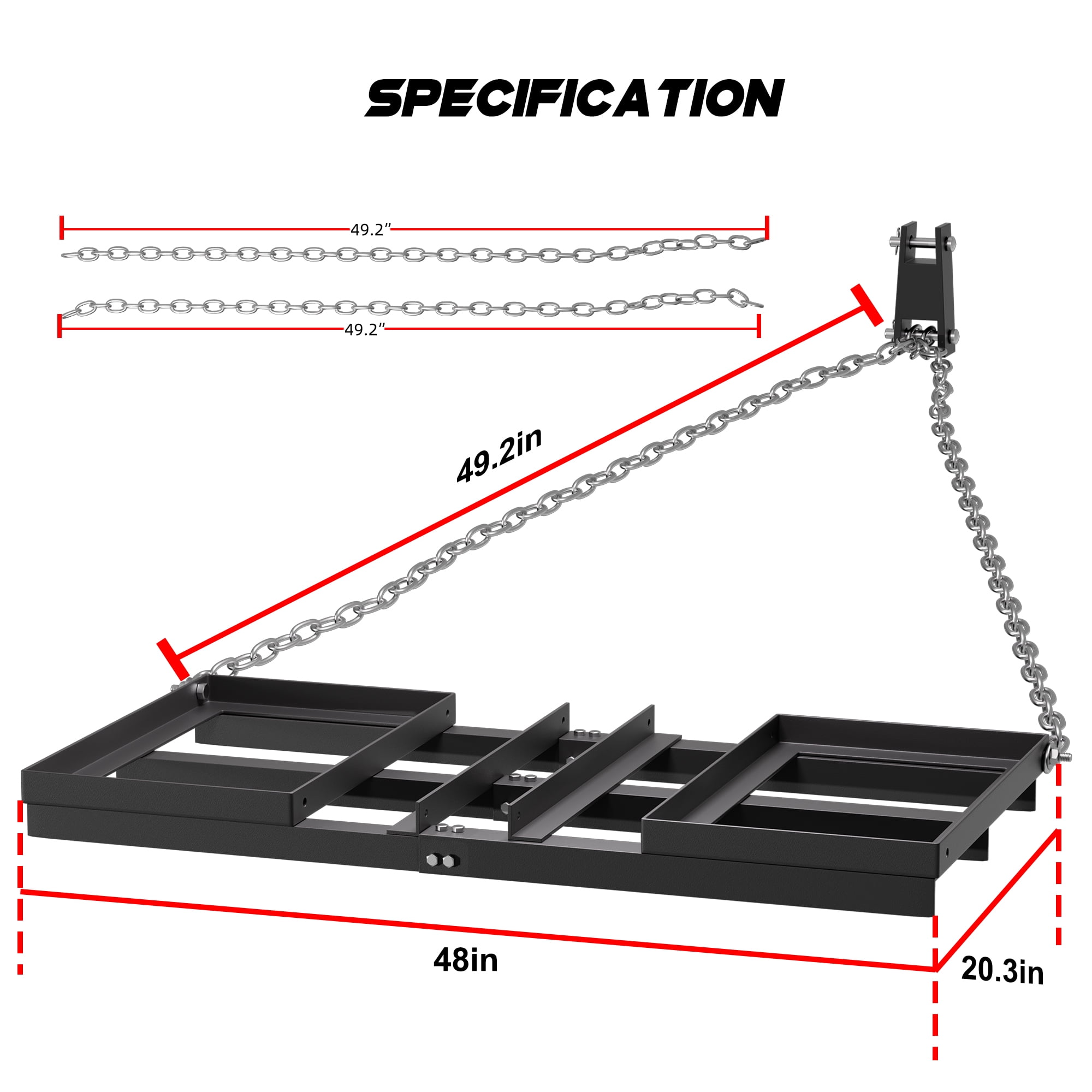 HOHYN Drag Harrow, 48in Heavy Duty Tow Behind Drag Harrow with Adjustable Bars & 49.2in Chain, 20.3in Wide Driveway Grader Landscape Rake for ATV, Tractor, Mower Tow Behind Yard Lawn Leveling Tool