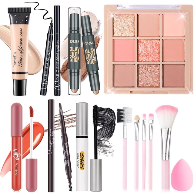 YBUETE Juego de maquillaje para mujeres, niñas y adolescentes, juego de regalo que incluye 9 colores de sombra de ojos, base en barra, lápiz de cejas, delineador de ojos, máscara, brillo de labios, 5