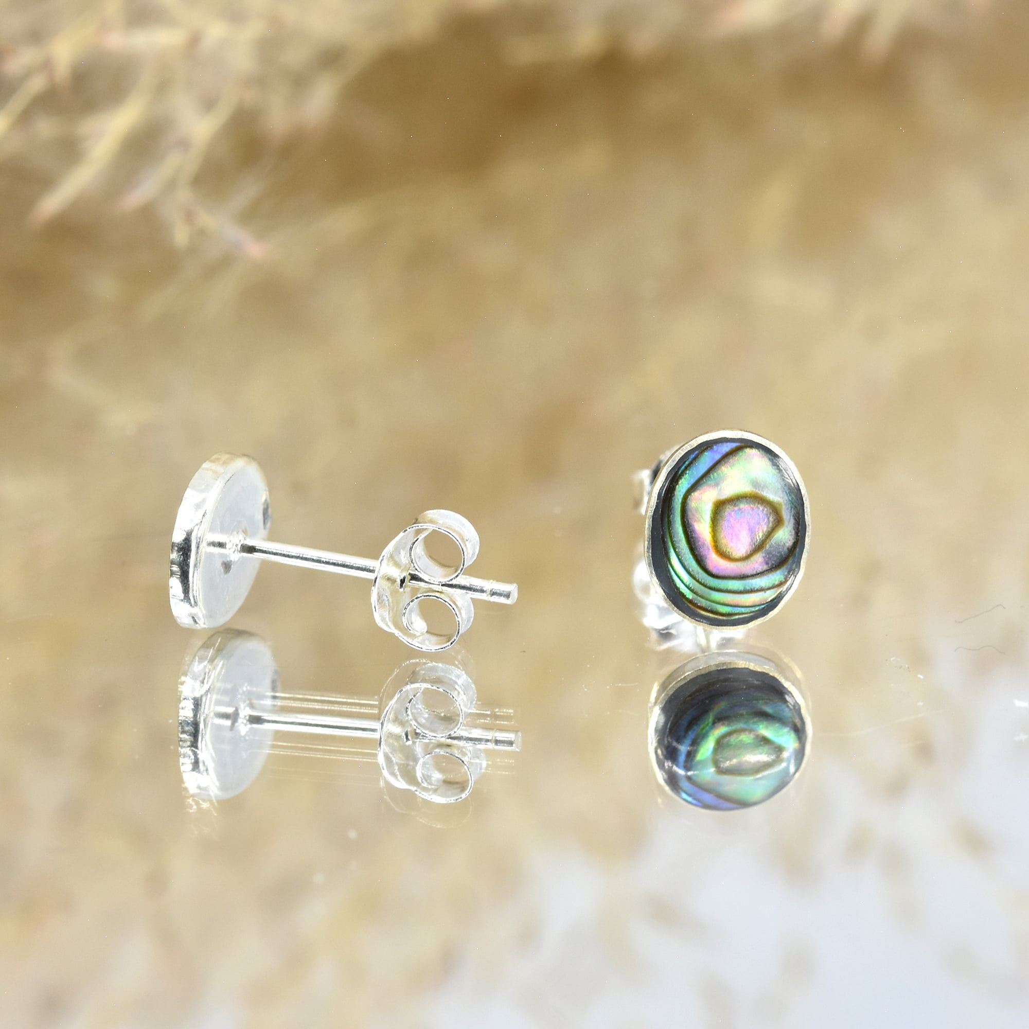 Cute Inlay Abalone Shell Oval .925 Sterling Silver Push Back Stud Earrings