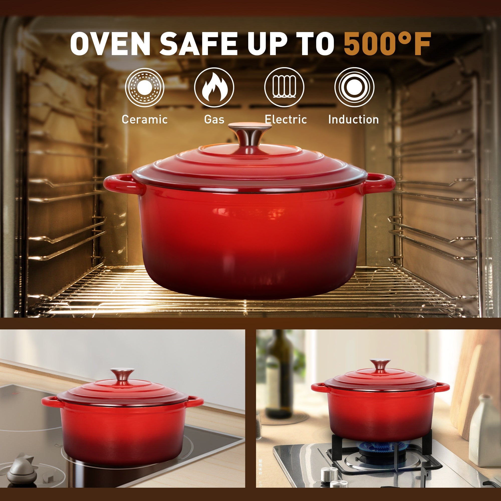 MF Studio 7-Piece Enameled Cast Iron Cookware Sets, Heavy Duty Ceramic Coated Pots and Pans Set, Red Dutch Ovens Set