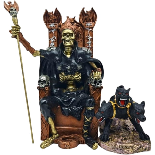 MORÍN Imágenes | Figura Decorativa | Paquete Santa Muerte Reina 32 cm y Perro de Tres Cabezas 14 cm | Resina Pintada a Mano (Negro)