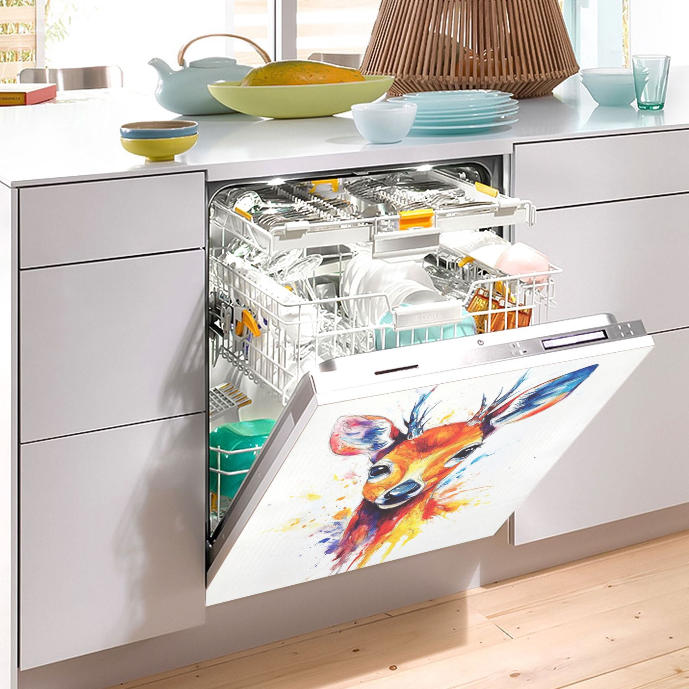 Dishwasher Magnetic Sticker 23x26 Inch Refrigerator Magnetic Sticker Washing Machine Magnetic Sticker Kitchen Panel Magnetic Sticker Home Decor Watercolor Cartoon Deer