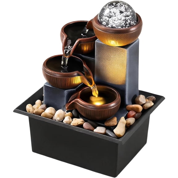 Desktop Fountain Level 4 Tabletop Waterfall - LED Lights, Indoor, Brown, 1 Piece