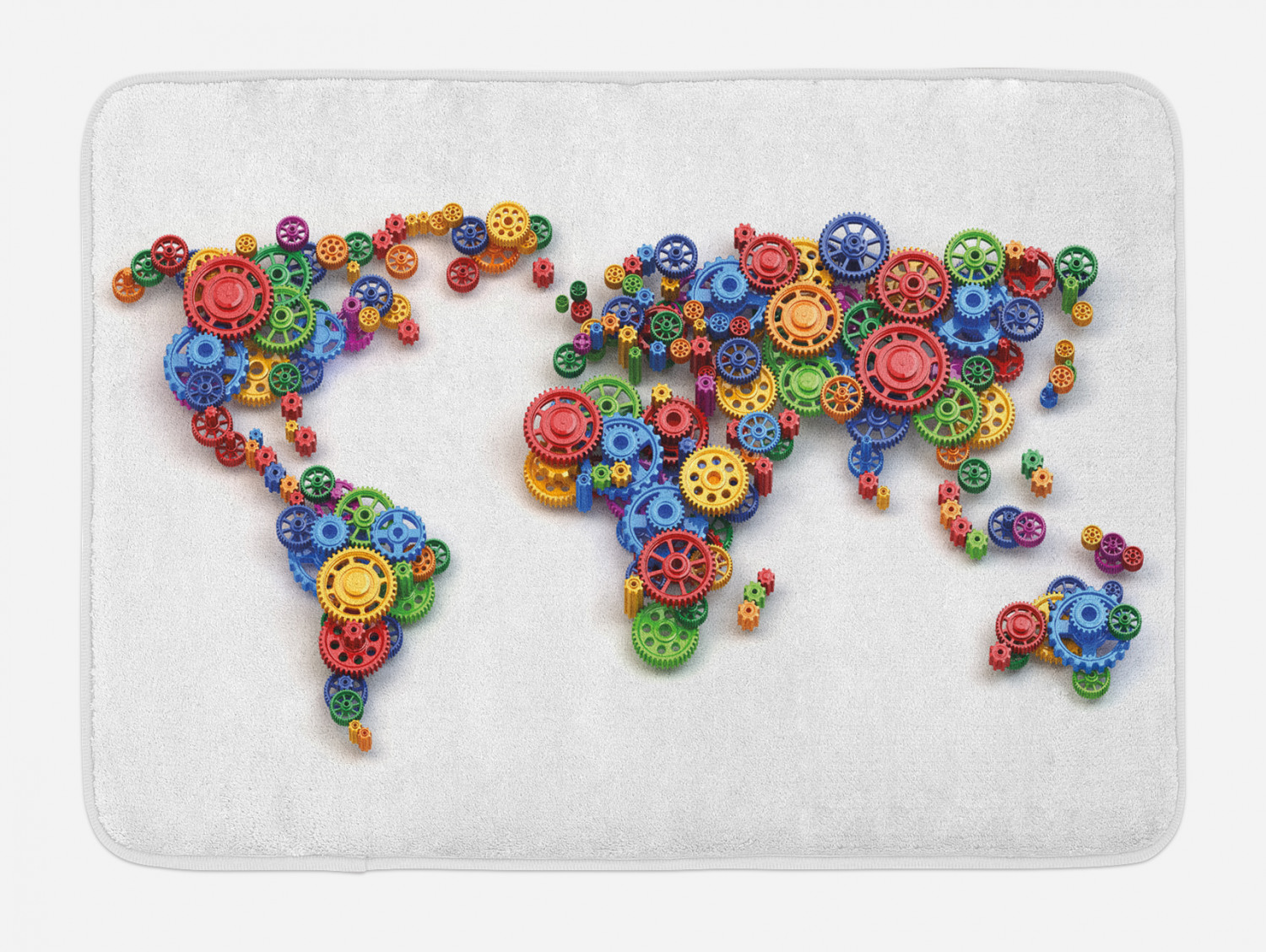 Industrial Bath Mat, Map of the World Colorful Gears Design Global ...